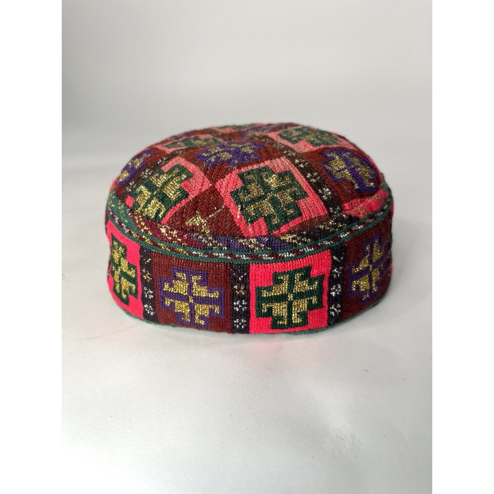 Embroidered Uzbek Hat Central Asian Skull Cap Handmade Colorful Red Tones
